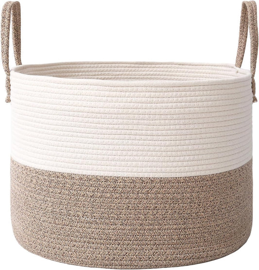 Woven Blanket Basket,65L Large Rope Storage Bin with Handles, Organizer for Blankets Toys Book and Clothes, Laundry Basket for Living Room Bedroom Nursery,White&Brown