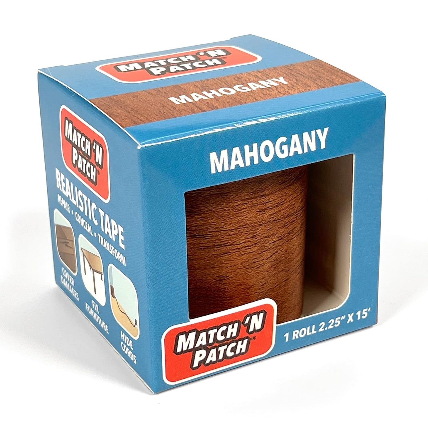 MATCH 'N PATCH Realistic Wood Grain Repair Tape - Durable Multi-Use Adhesive Tape for Furniture, Floors, Cabinets, Windows, Doors, RV, Home Decor & DIY Projects - Mahogany, 2.25 inch x 15 feet