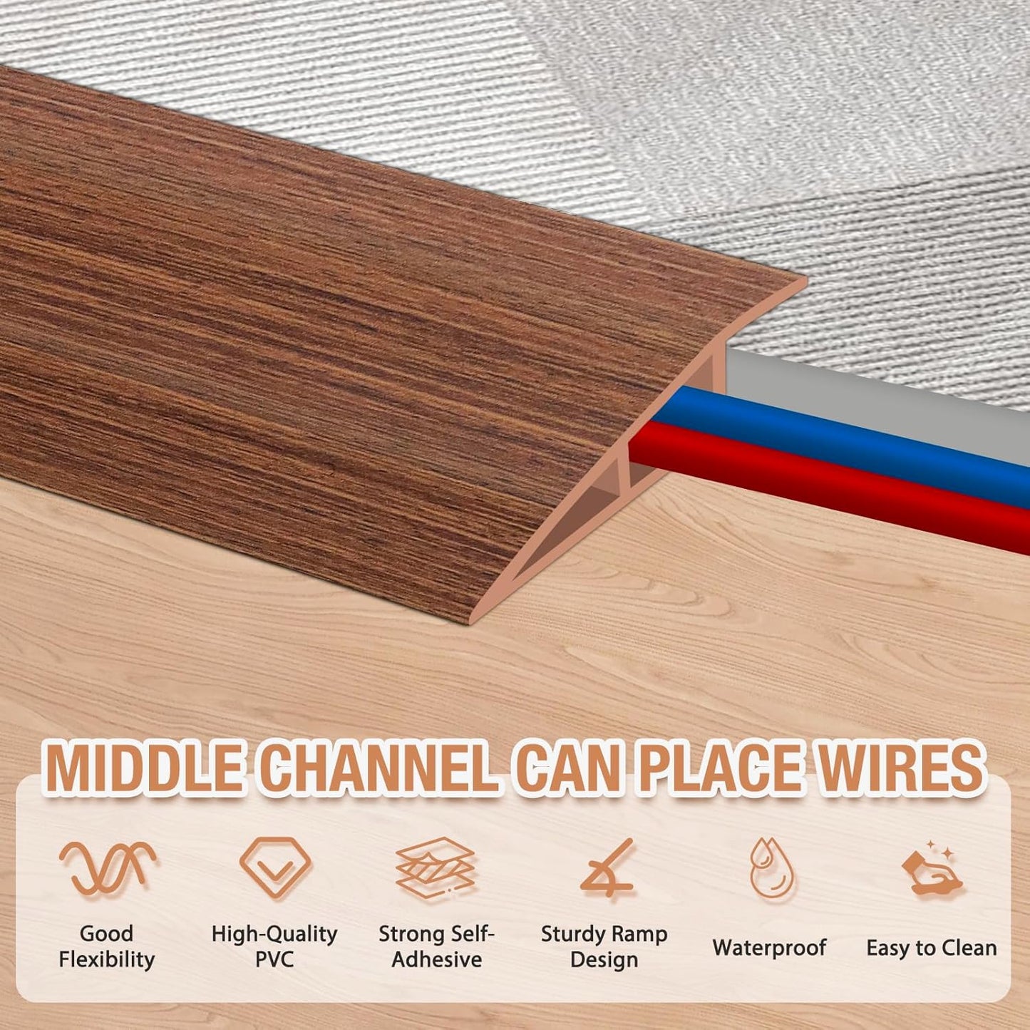Floor Transition Strip Self Adhesive Vinyl Door Threshold for Doorways Carpet Edging Trim Overlap Edge Reducer for Laminate Floor, Carpet, Tile (Light Brown Wood Grain, 3/5" to 4/5", 10Ft)