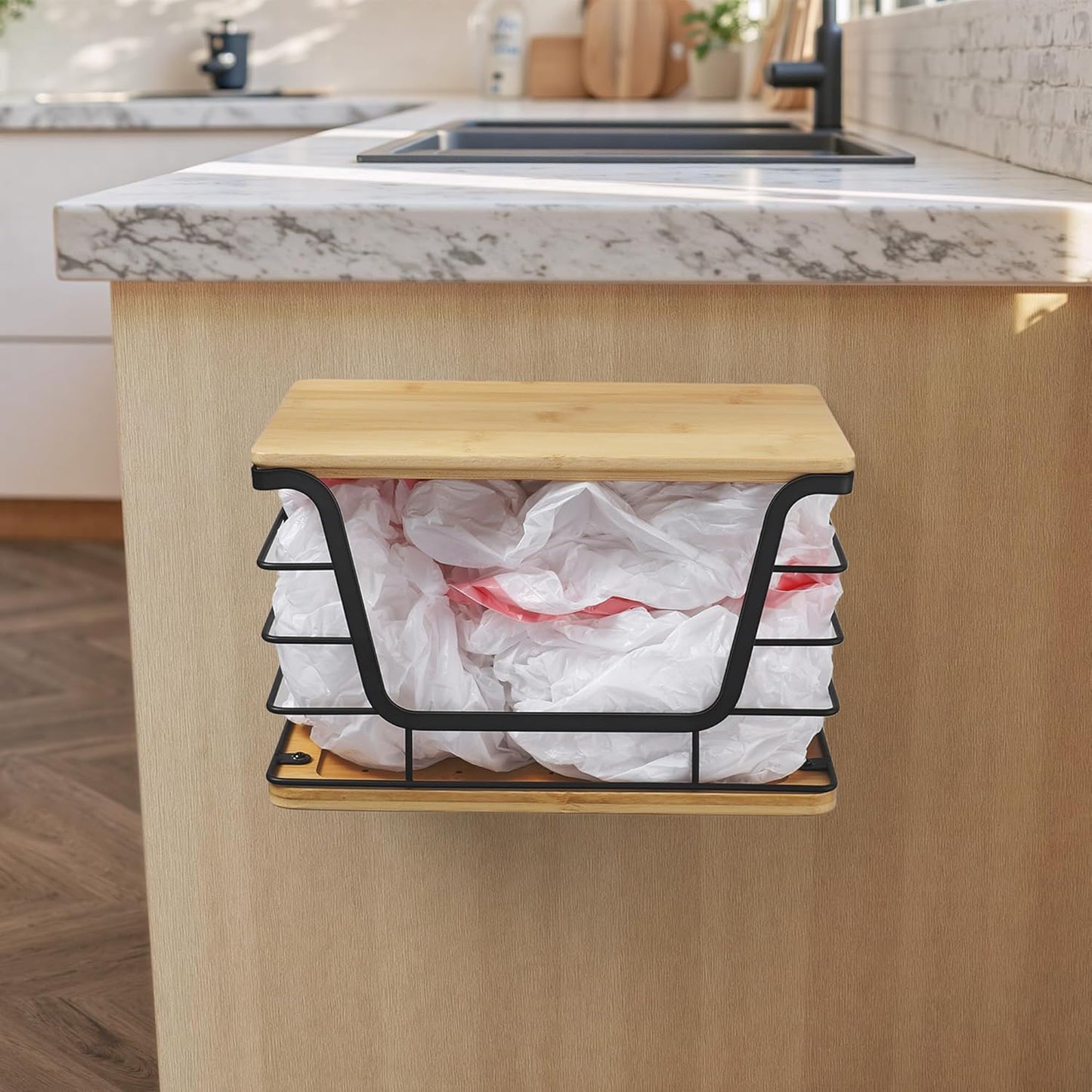 ALOCEO Extra Large Trash Bag Dispenser With Bamboo Top, Stainless Steel Stackable Garbage Bag Holder for Giant Trash Bags, Black