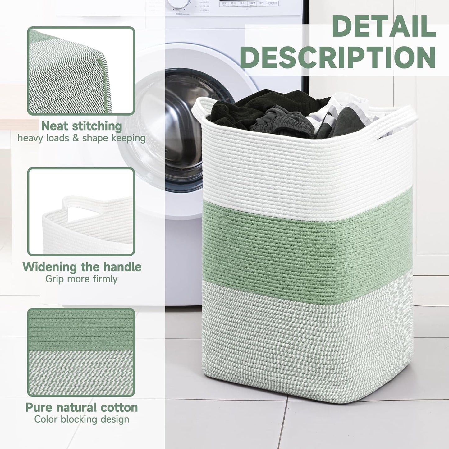 CLHMILY&Z 75L Laundry Basket Rectangular Green Rope - 16x13x22 Inches - Dirty Clothes and Soft Storage Bin for Blankets, Toys, and Nursery Essentials