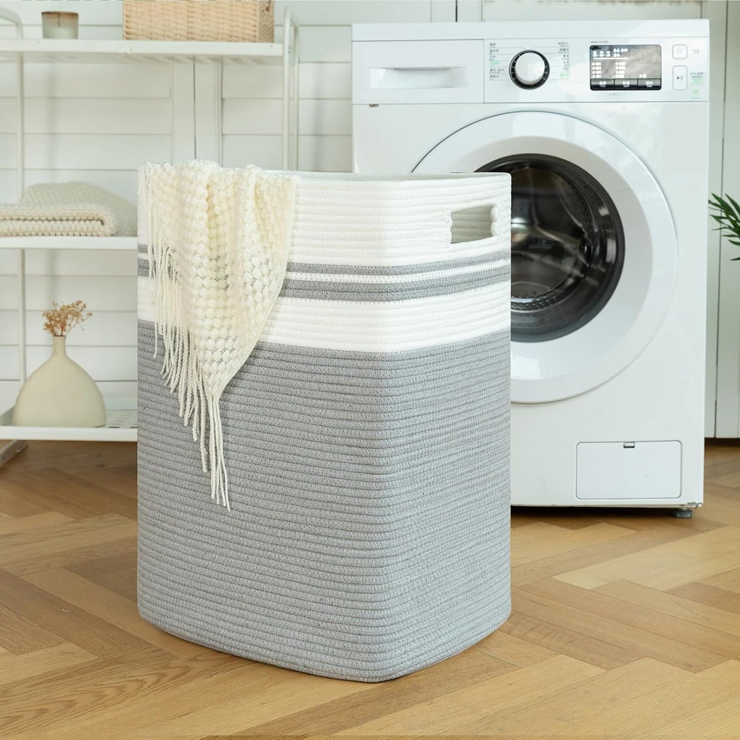 OIAHOMY 91L Laundry Hamper, XXXLarge Laundry Basket, Collapsible Cotton Rope Basket,Woven Storage Basket for Blankets,Clothes,Pillows-16x15x24-Grey