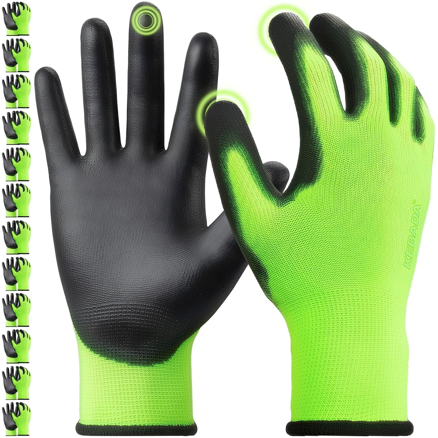 Kebada W1 Work Gloves for Men and Women, PU Coated Safety Gloves with Grip, Touchscreen, Ideal for Warehouse Package Handling, Construction, Gardening, Green X-Large