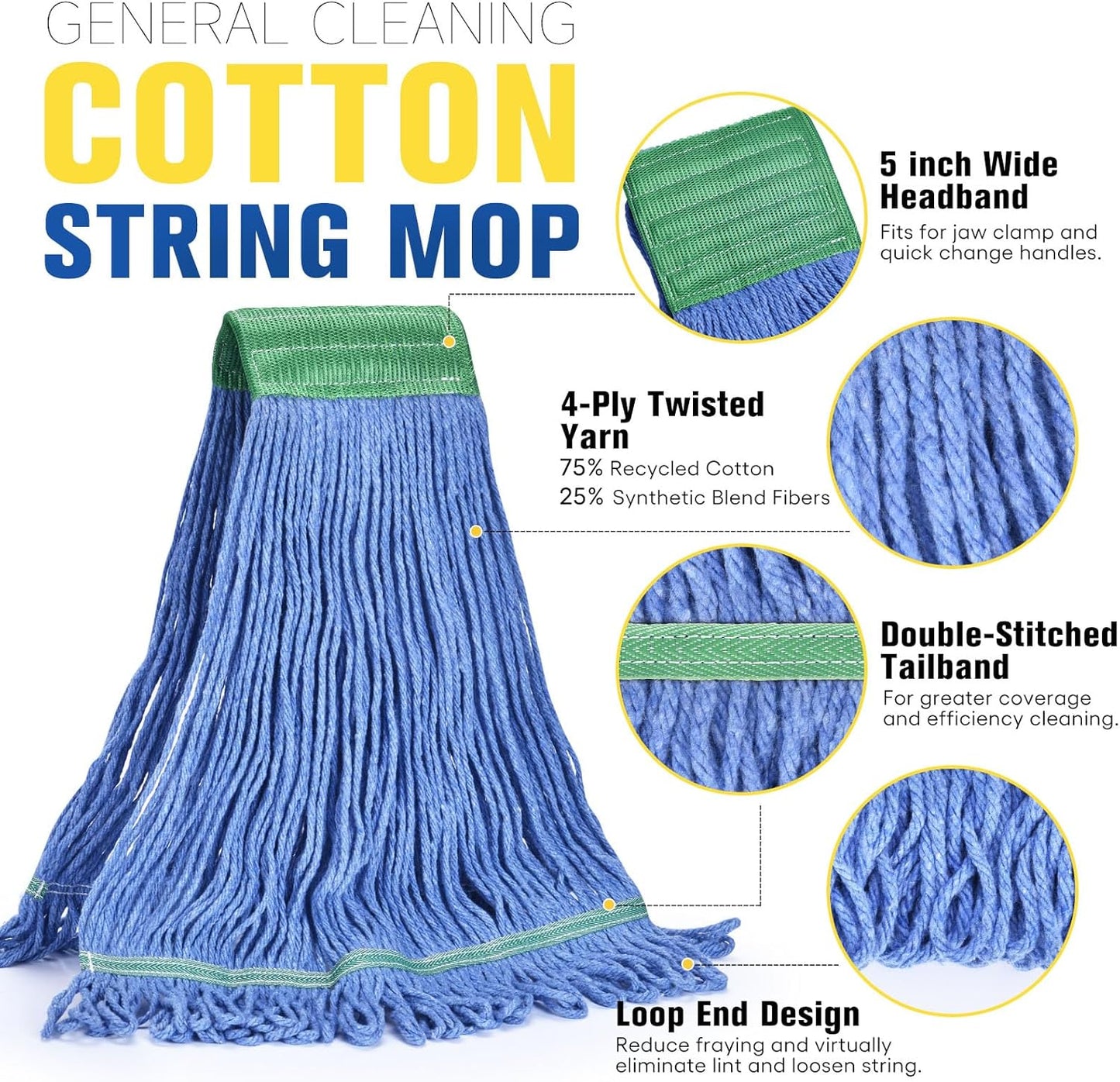 Matthew Cleaning Commercial Mop Head Replacement, 5 Inch Wide Headband, Looped End Cotton Blend String Wet Mops for Floor Cleaning, 18 oz Medium, 1-Pack Blue