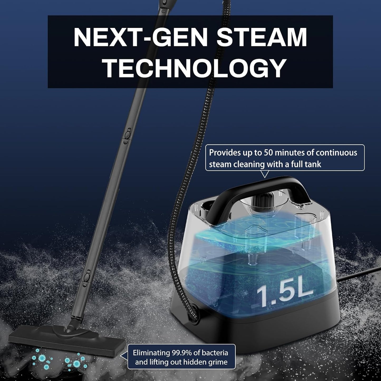 Steam Cleaner with 24-Piece Attachments, Multipurpose Steamer Mop for Home, Floor, Car, Grout, Tile, Furniture, Carpet, Couch, Window, Wall, Upholstery, Oven Grease, Canister, 1.5L Tank