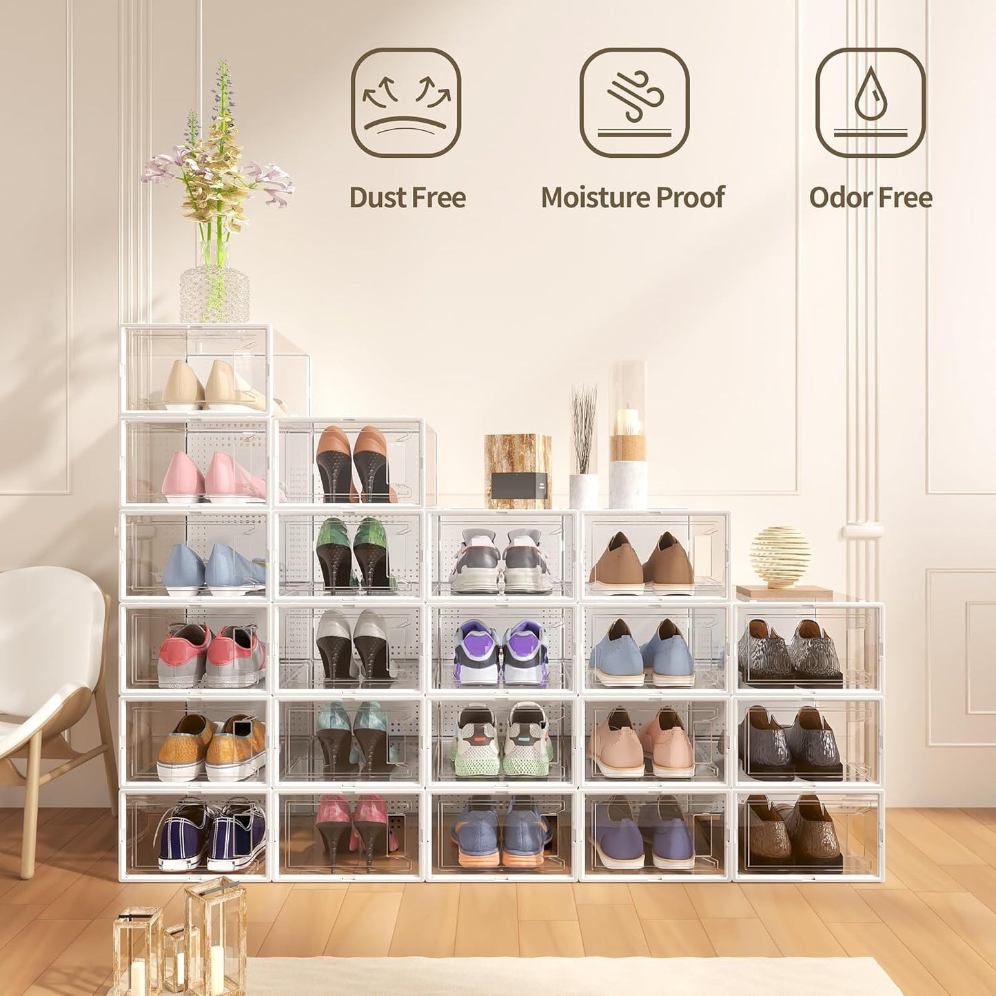 Secret Space 12 Pack X Large Shoe Organizer Storage Boxes for Closet, Modular Space Saving Shoe Boxes Clear Plastic Stackable Sneaker Containers Display Case with Lids, White
