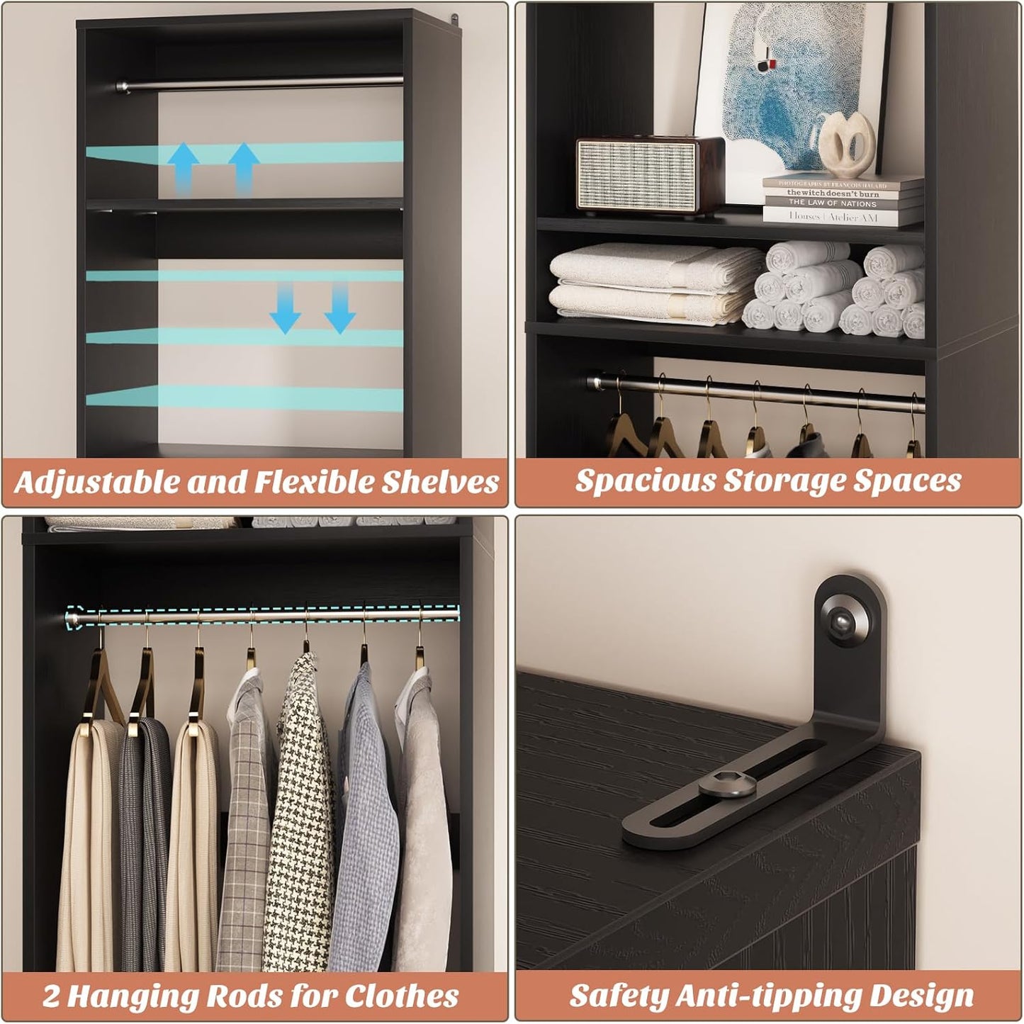 Unikito Freestanding Closet System, 25” Closet Organizer Wardrobe with Hanging Rod & Shelves, Adjustable Clothes Garment Rack, Sturdy Walk in Towers, Easy Assembly, 25" W x 16" D x 80" H, Black
