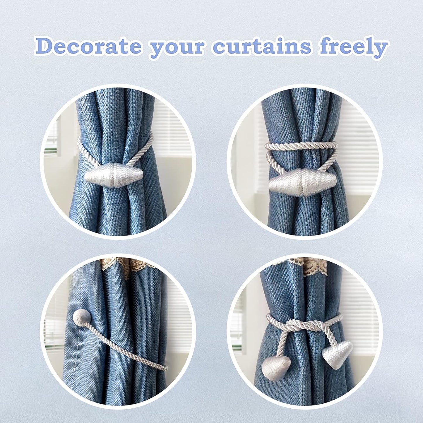 Hion Magnetic Curtain Tiebacks Grey 2pcs, Curtain Tiebacks Buckles Holdbacks Holders Hooks Clip for Home Bedroom Office Decorative Curtain