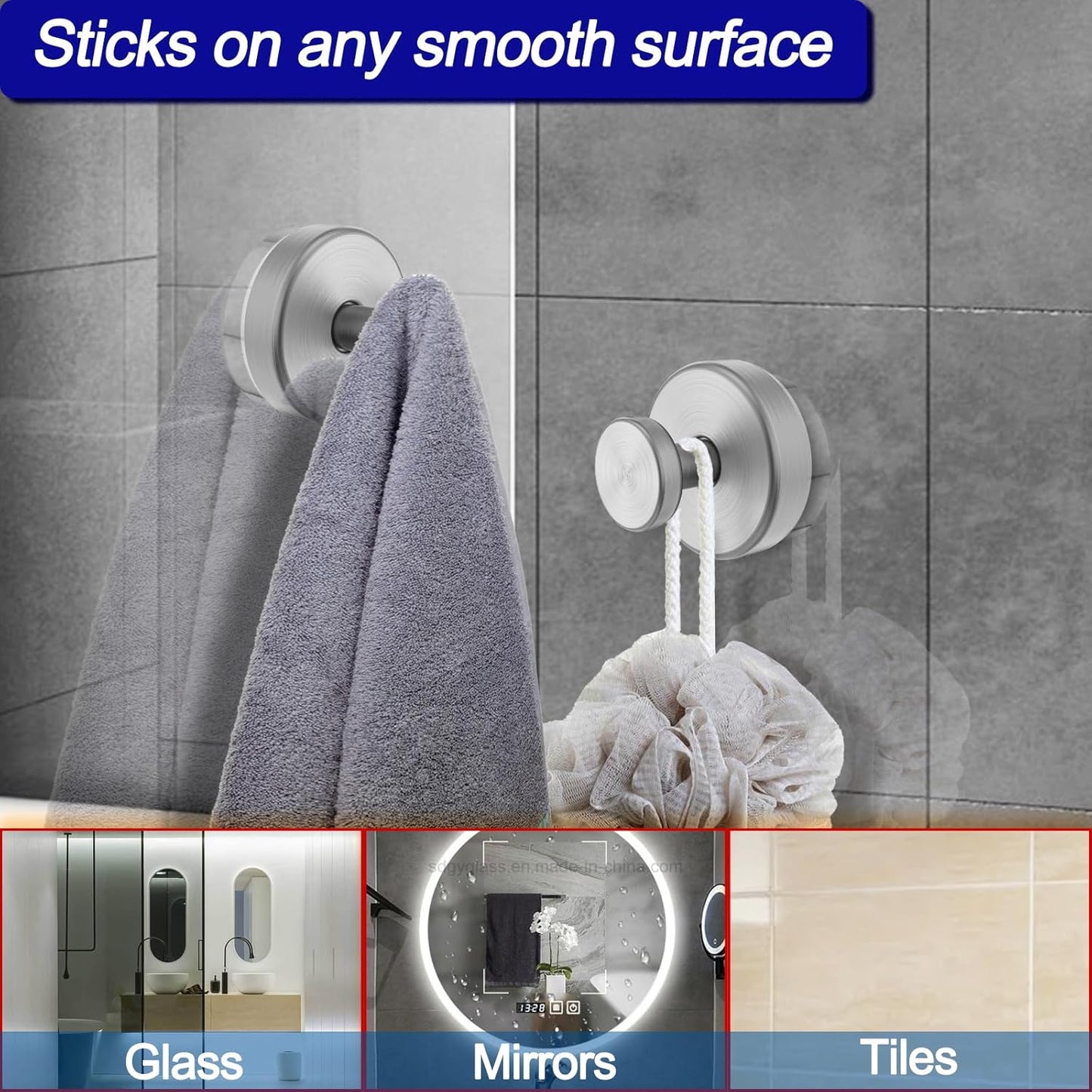 Suction Cup Hooks for Shower, Removable Towel Hooks for Bathroom Window Glass Door Wall, Bath Robe Looafh Hook for Hanging - 4 Pack, Silver