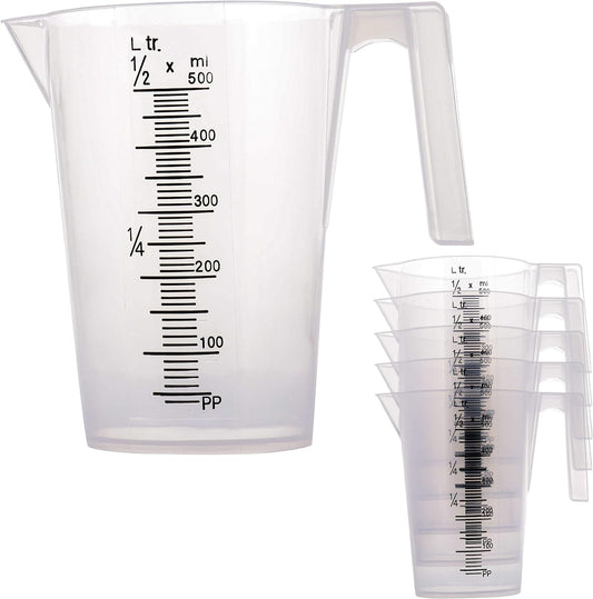 TCP Global 1/2 Liter (500ml) Plastic Graduated Measuring and Mixing Pitcher (Pack of 6) - Holds Over 1 Pint (16oz) - Pouring Cups, Measure & Mix Paint, Resin, Epoxy, Kitchen Cooking Baking Ingredients