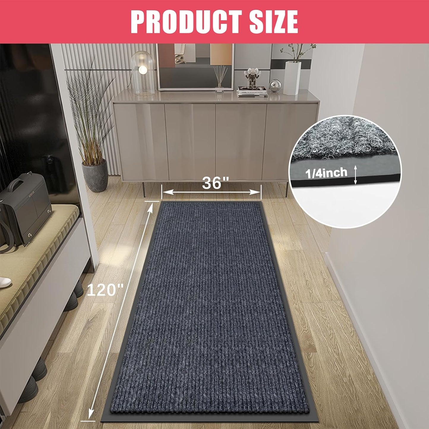 Kuyal Front Door Mat, 3'x10' Indoor Outdoor Entrance, Commercial Floor Inside Outside Entrance, Heavy Duty Durable Welcome Mat, Rubber Backing Non Slip Outdoor Mats for Entryway,Dark Gray