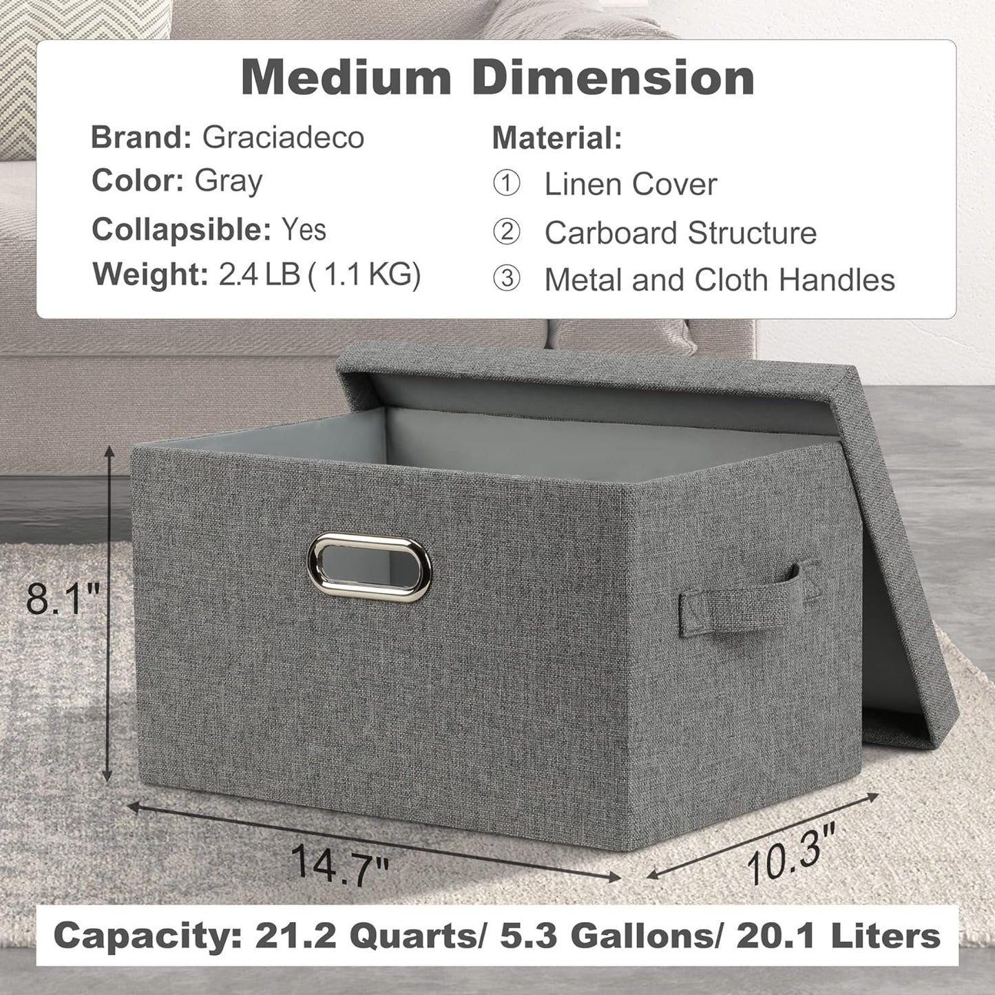 Medium 15" 21 Quart Collapsible Stackable Storage Bins with Lids, 5 Packs Grey Foldable Fabric Closet Boxes Heavy-duty Linen Cube Baskets Container for Bedroom Office (15 x 11 x 8)