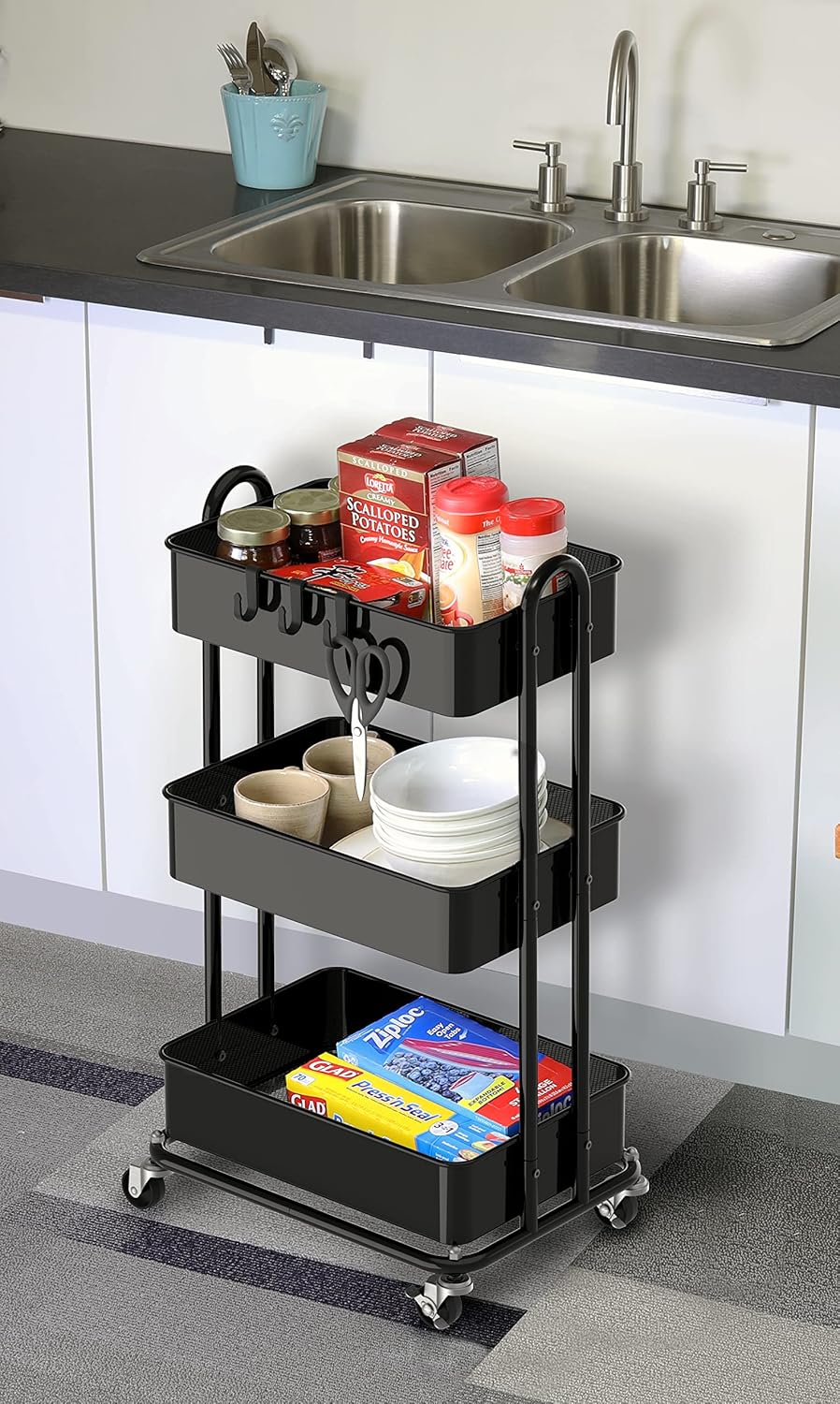Simple Houseware 3-Tier Heavy Duty Metal Utility Rolling Cart, Black