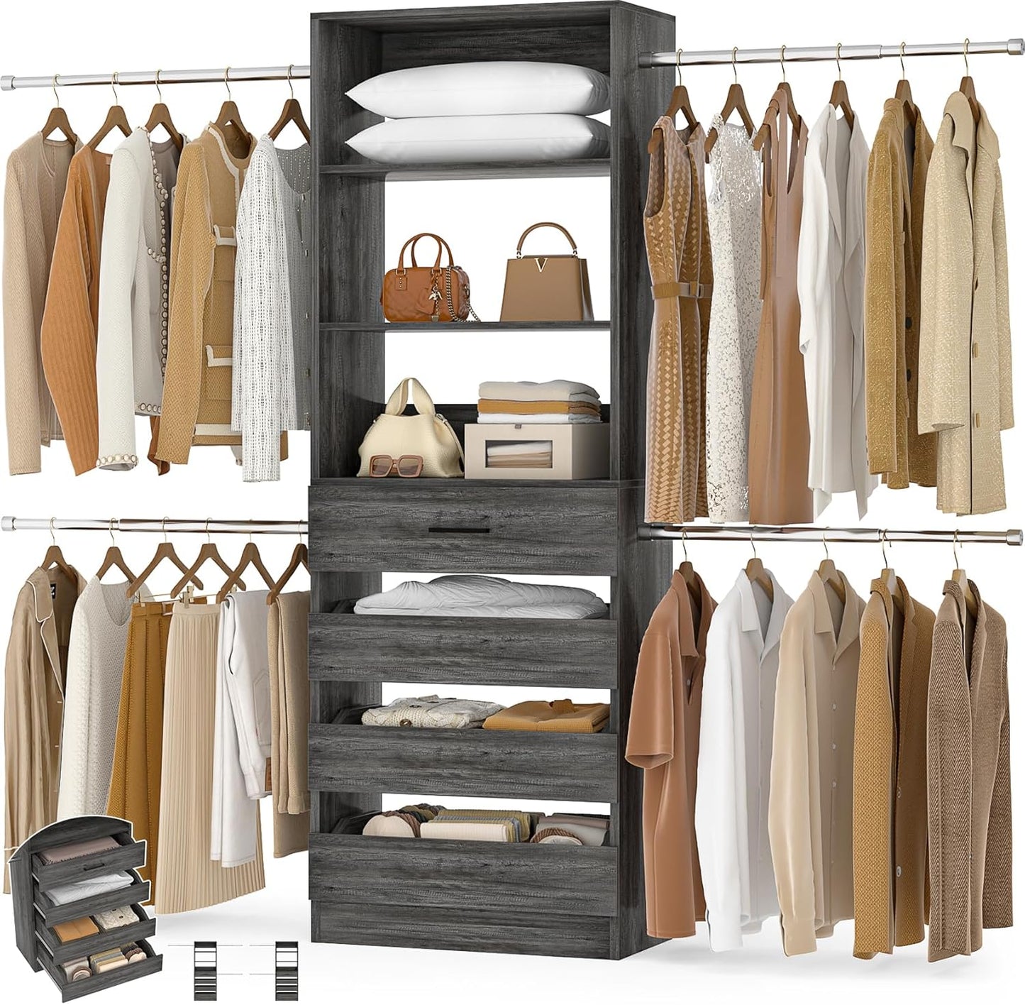 Aheaplus Closet System, 4-9 Ft Closet Organizer with 4 Wooden Drawers, Wood Closet Organizer System with Tower, Walk-in Closet Organizer Wardrobe Clothes Rack with 4 Hanging Rods, Black Oak