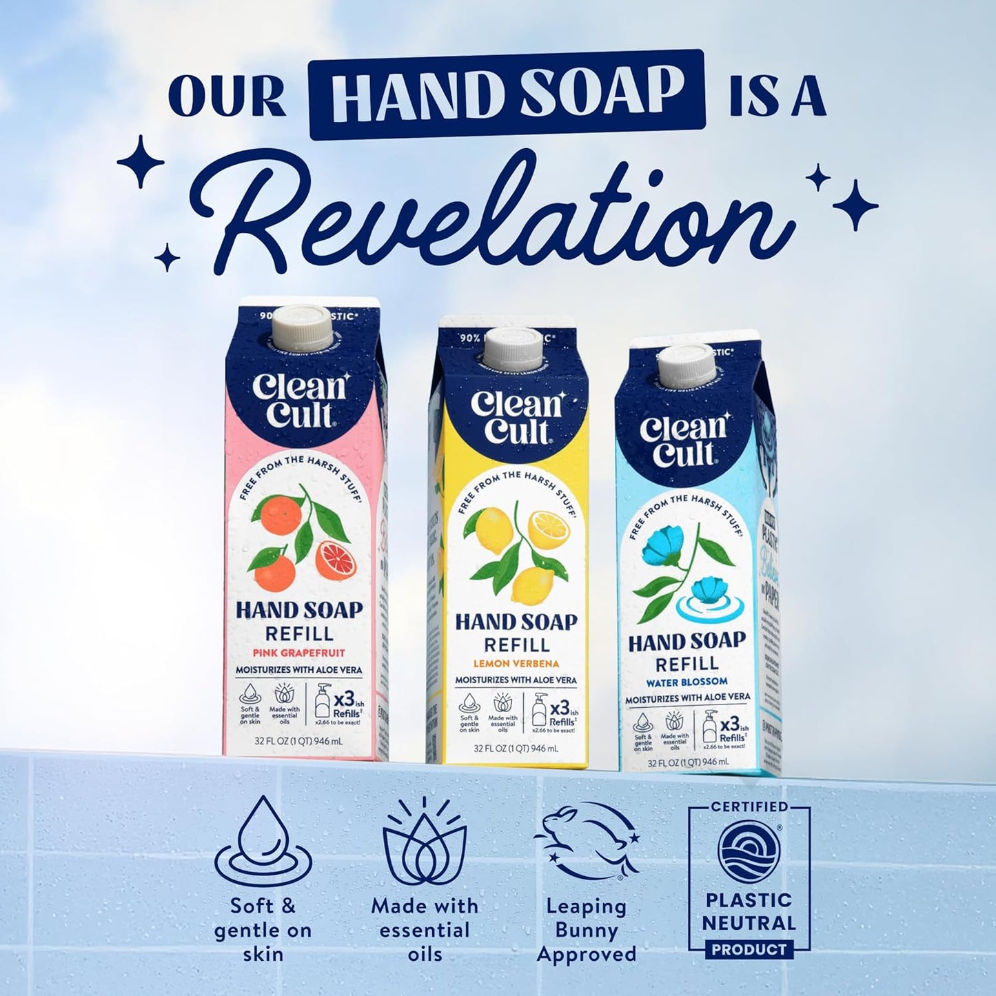 Cleancult Liquid Hand Soap Refill - Sea Minerals - Gentle On Sensitive Skin - Made with Aloe Vera & Essential Oils - Eco Friendly - Paper-Based Packaging - 32 oz/1 Pack