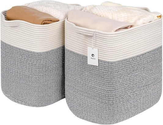 Storage Baskets for Clothes Fabric Cotton Rope Storage Basket with Handles, Decorative Woven Basket for Living Room,Closet Organizer Blankets, and 2bags (Silver Gray, L14×W11×H14)