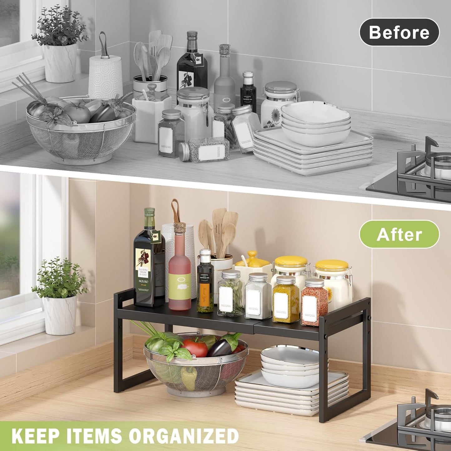 DOLALIKE Expandable kitchen Countertop Organizer, Stackable Cabinet Shelf Organizers, Space Saving Spice Rack Pantry Storage for Bathroom Office Organization (Black, 2 Pack)
