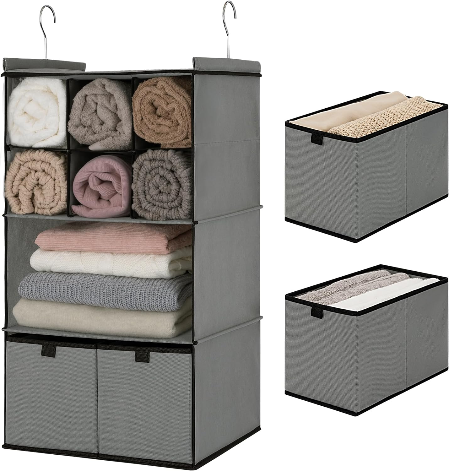 GRANNY SAYS Hanging Closet Organizer with Drawers, 4 Shelf Dividers Closet Hanging Organizer, Foldable Hanging Shelves for Wardrobe Closet, Small Closet Organizers for Clothes Shoes, Grey