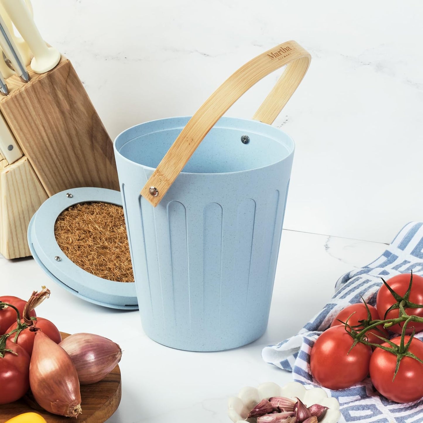 Martha Stewart Indoor Compost Bin | Countertop Composting Bucket for Kitchen | .7 Gallon Capacity | Includes Filter | Plant Based Materials | Light Blue