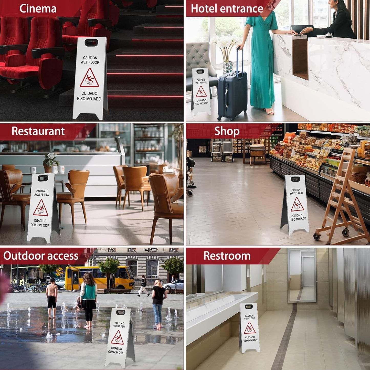 2 Pcs 24 Inch Stainless Steel Wet Floor Sign, Heavy Duty Caution Wet Floor Sign Double Sided Portable Foldable Bilingual Safety Warning for Restaurant Restroom Office Avoid Fall(Silver)