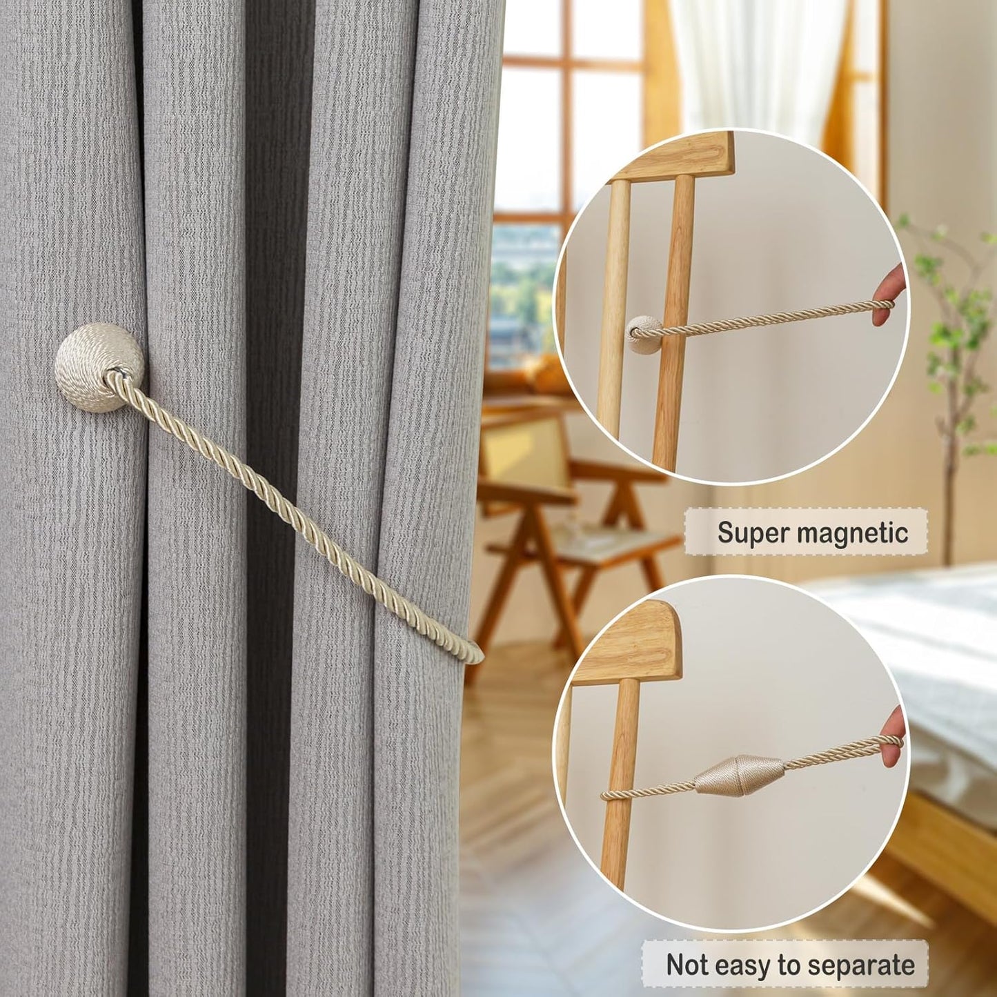 Magnetic Curtain Tiebacks 8 Pack Outdoor Rope Curtain Tie Backs Decorative Window Treatment Holdbacks for Home Decorative Curtain, Beige