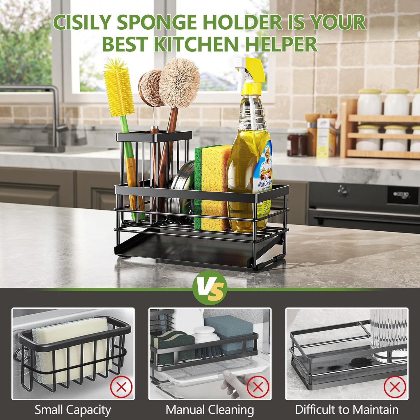 Cisily Sink Caddy Sponge Holder for Kitchen with Brush Holder and Stainless Steel Self Drain Tray, Rustproof Kitchen Sink Organizer for Sponge, Soap Dispenser Storage Accessories (Black)