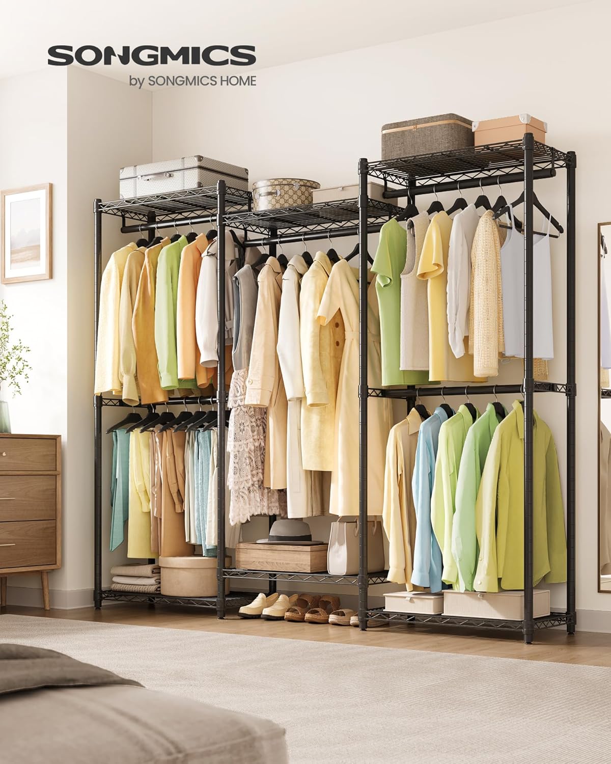SONGMICS Heavy-Duty Clothes Rack, Garment Rack, Portable Closet, 68.7-Inch Wide Clothing Rack with Adjustable Mesh Shelves and Hanging Rails, Ink Black ULGR433B01