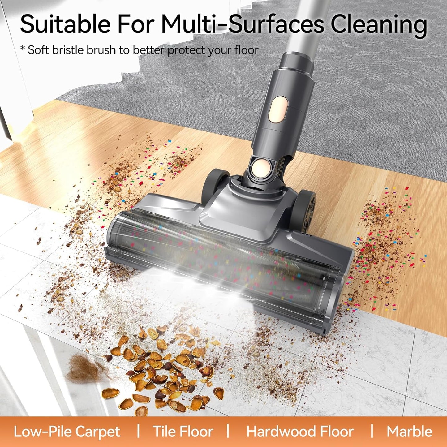 N8 Cordless Vacuum Cleaner,Lightweight Stick Vacuum with Powerful Suction,2200mAh Battery,40 Mins Runtime,Self-Standing,Rechargeable Vacuum Cleaners for Home Hardwood Floor Carpet Pet Hair (Gold)