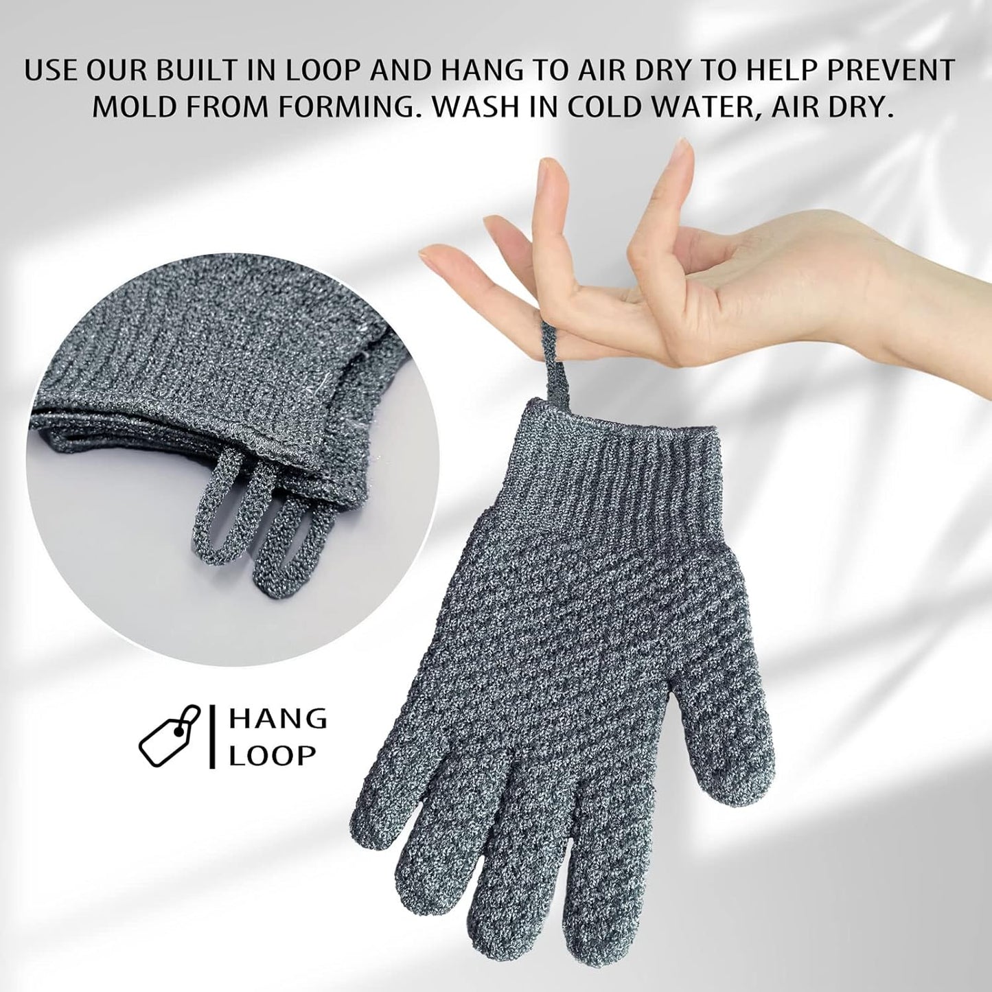 Evridwear Exfoliating Dual Texture Bath Gloves for Shower, Spa, Massage and Body Scrubs, Dead Skin Cell Remover, Gloves with Hanging Loop (1 Pair Gray Heavy Glove)