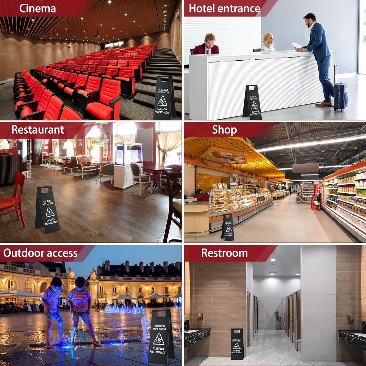 Kigley 2 Pcs Wet Floor Sign, 24 Inch Stainless Steel Caution Wet Floor Sign Double Sided Portable Foldable Bilingual Safety Warning for Hotel Market Restroom Restaurant Office (Black)