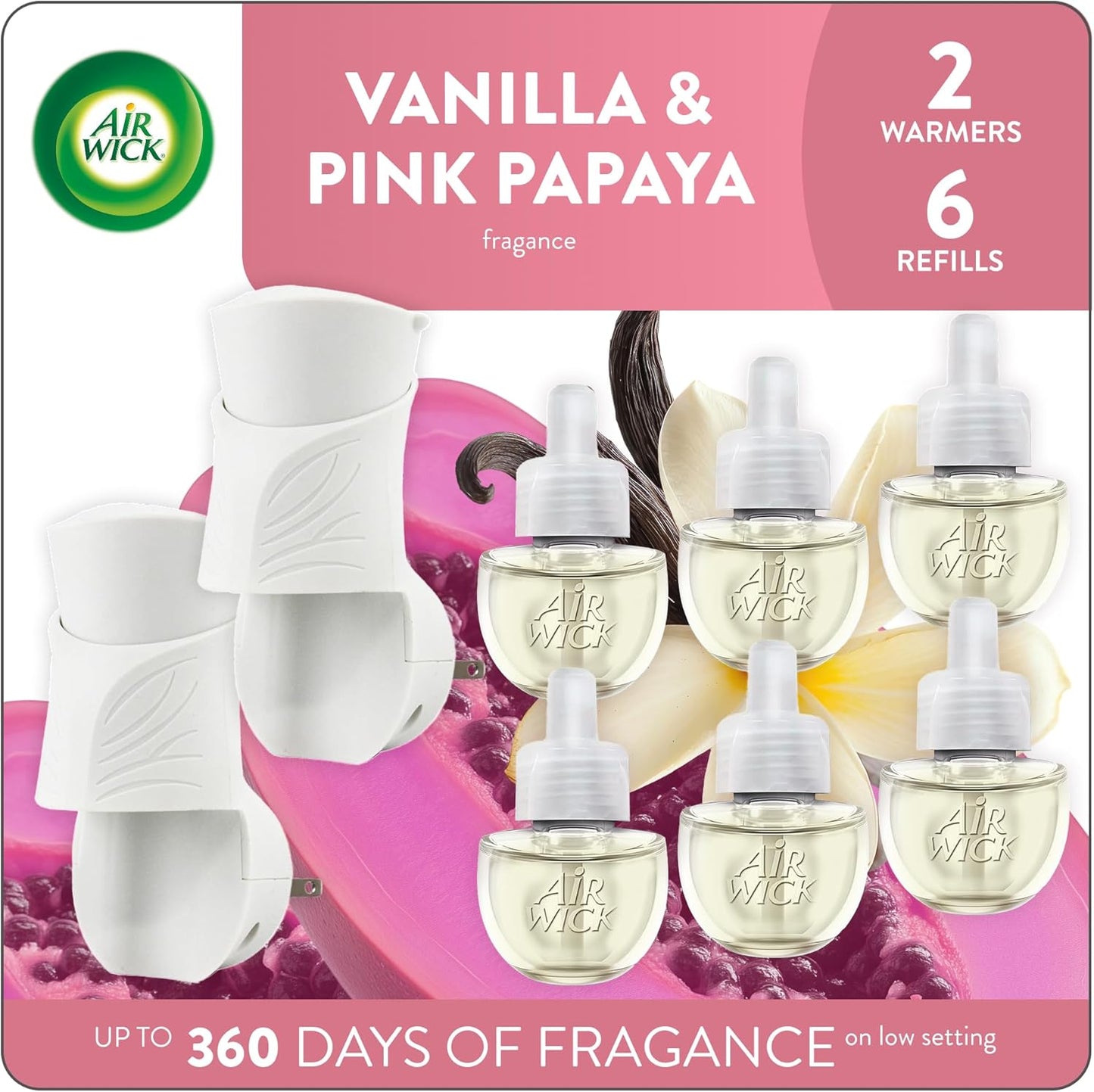 Air Wick Plug In Scented Oil Starter Kit, 2 Warmers + 6 Refills, Vanilla & Pink Papaya, Essential Oils, Air Freshener