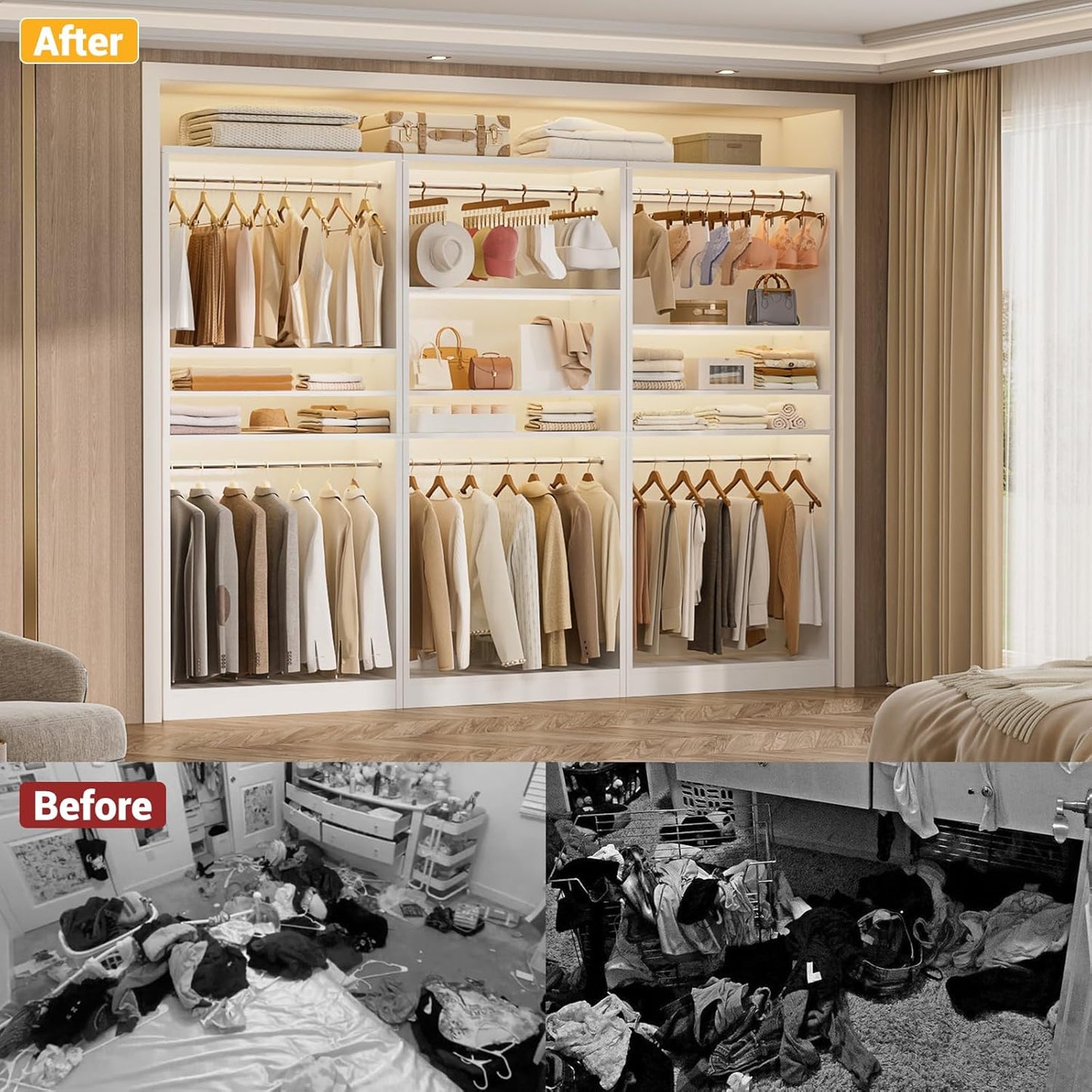 Unikito 3FT Freestanding Closet System with 2 Hanging Rods & Adjustable Shelve, 36'' Wood Closet Organizer System, Clothes Garment Rack, Sturdy Walk-in Closet Tower, Easy Assembly, Hold 800LBS, White