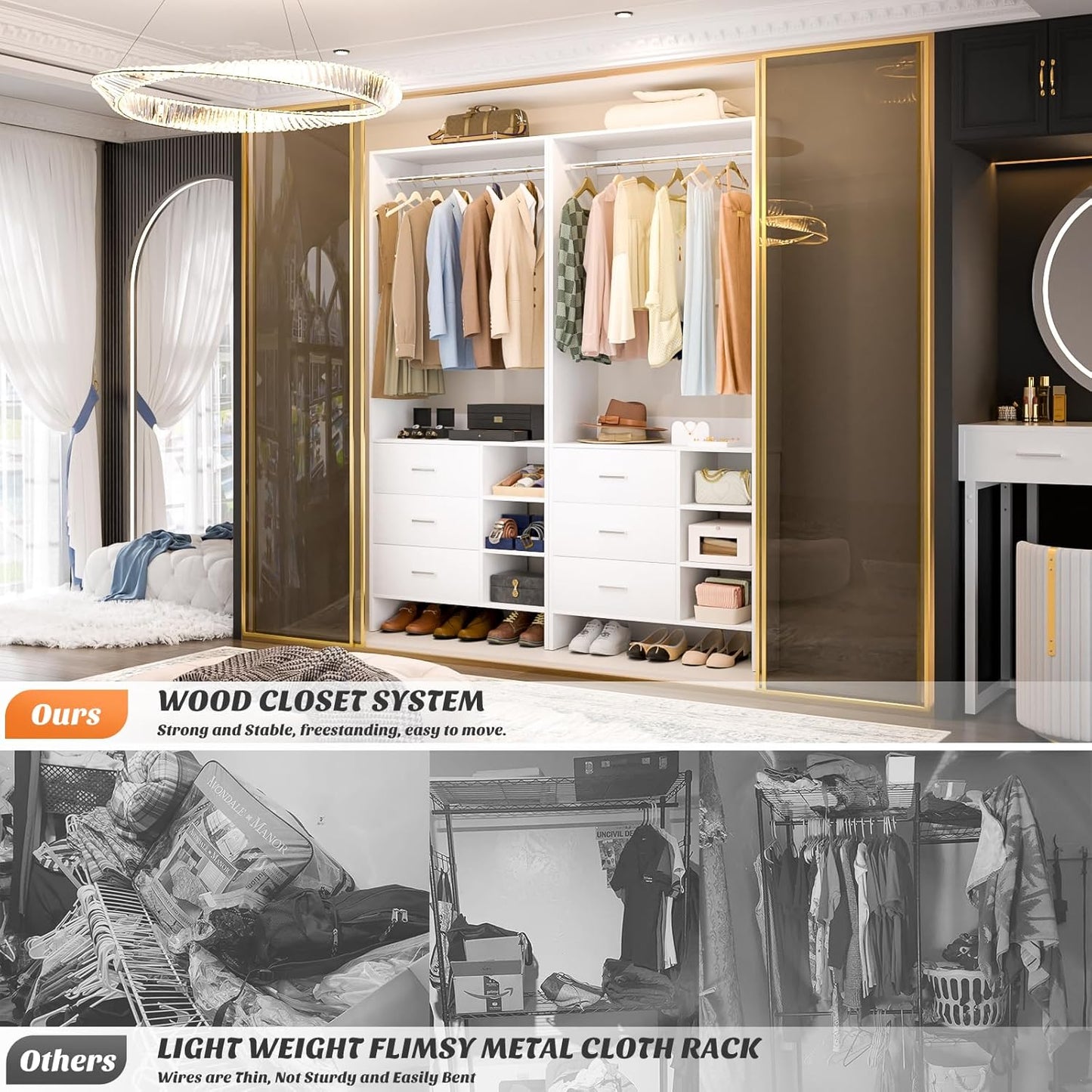 Aheaplus 2.5FT Closet System with 3 Drawers, 29.5’’ Closet Organizer, Wood Closet Organizer System, Walk-in Closet or Small Closets Wardrobe, Clothes Rack with Hanging Rods,-E6, White