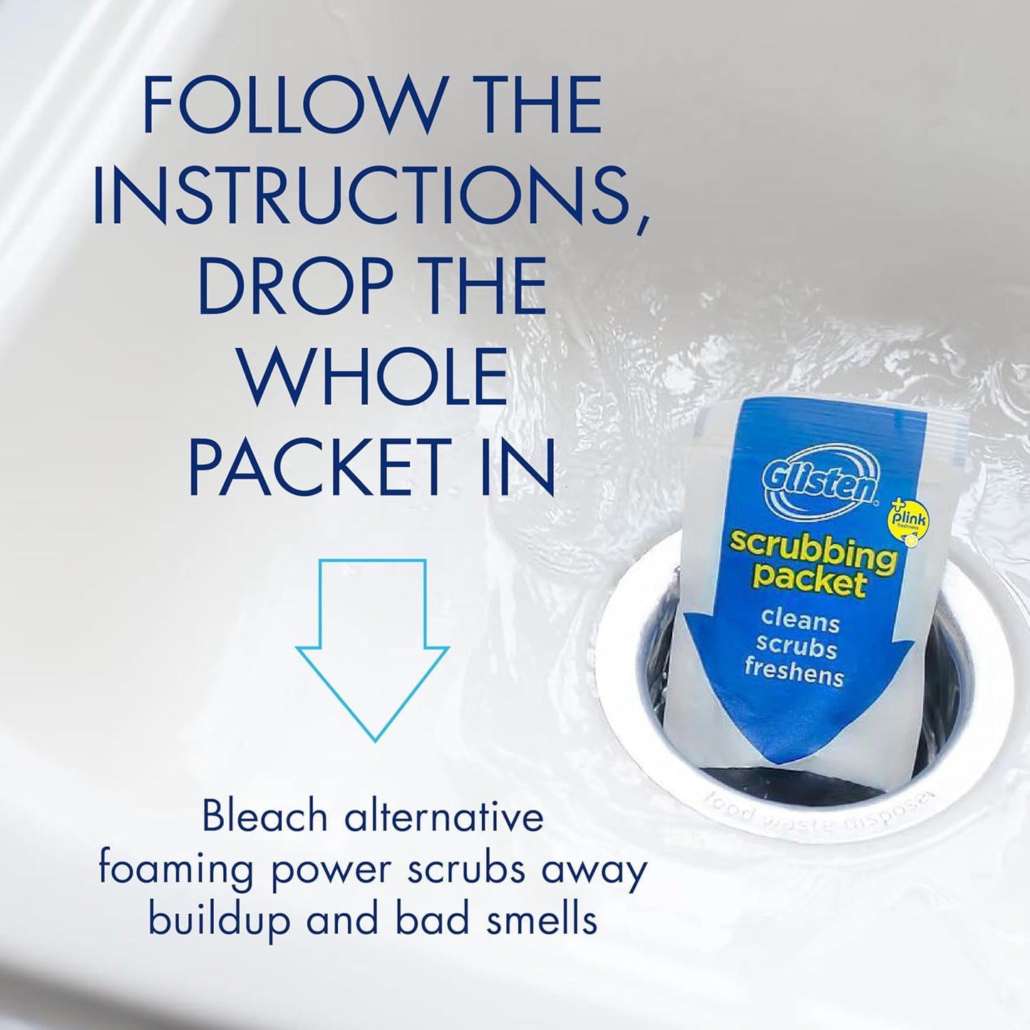 Glisten Garbage Disposer Cleaner and Freshener with Foaming Action, Helps Remove Buildup in Drains, Lemon Scent, Made in the USA, 16 Packets