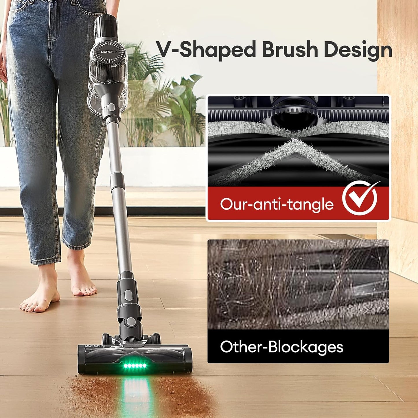 Ultenic Cordless Vacuum Cleaner, 450W 40Kpa Stick Vacuum with Car Dashboard Screen, Tangle-Free Brush for Pet Hair, Max 45mins Runtime, LED Display Tools for Hard Floor, Carpet, Car Cleaning, U12