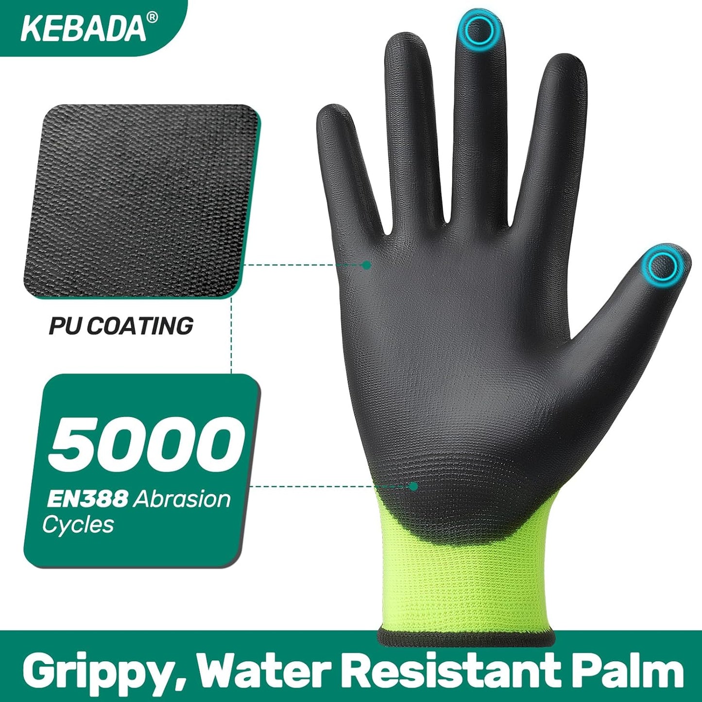 Kebada W1 Work Gloves for Men and Women, PU Coated Safety Gloves with Grip, Touchscreen, Ideal for Warehouse Package Handling, Construction, Gardening, Green X-Small