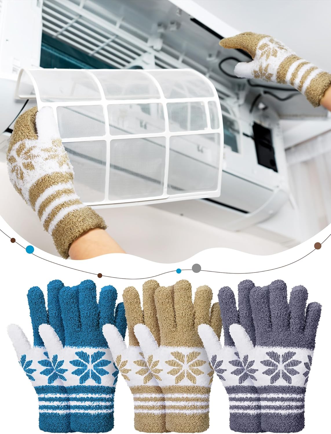 Patelai 3 Pairs Microfiber Plant Dusting Gloves Leaf Cleaning Gloves for Indoor Plants, Blinds, Furniture, House(Large,Snowflake Dark Blue, Gray, Khaki, White)