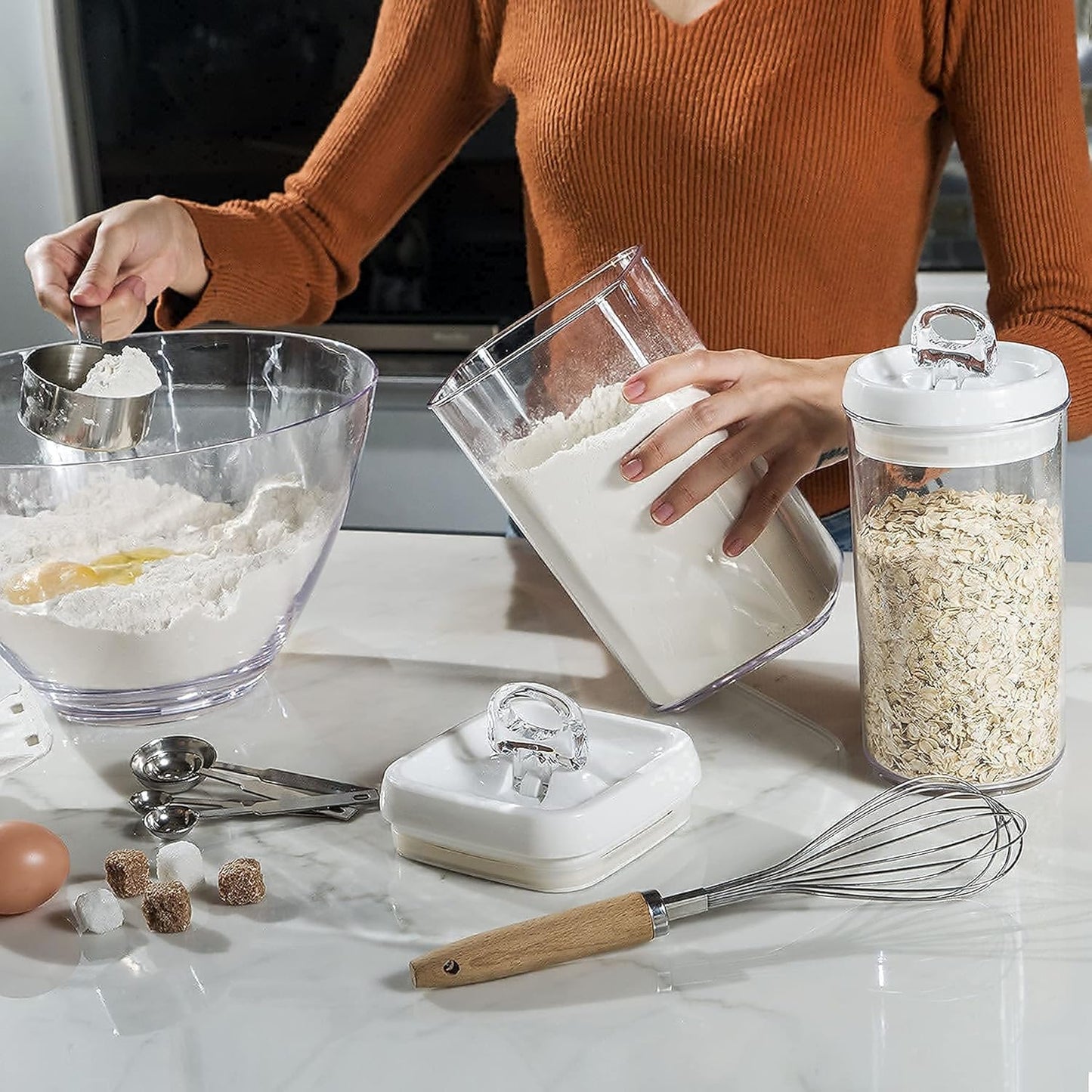 Felli Flip Tite Food Storage Container with Scoop & Lid 5" LARGE Airtight Ring Top, Acrylic Canister Jar for Sugar Flour Baking Powder Protein Rice Pasta Kitchen Organizer Gift Set (10pk, Variety)