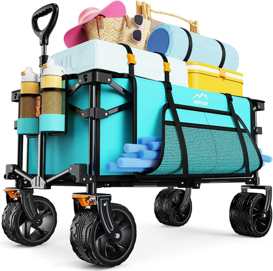 Collapsible Wagon Cart Heavy Duty Foldable, Folding Beach Wagon with Big Wheels for Sand, Utility Grocery Cart with Side Pocket and Brakes for Sports Outdoor Activities, Light Blue