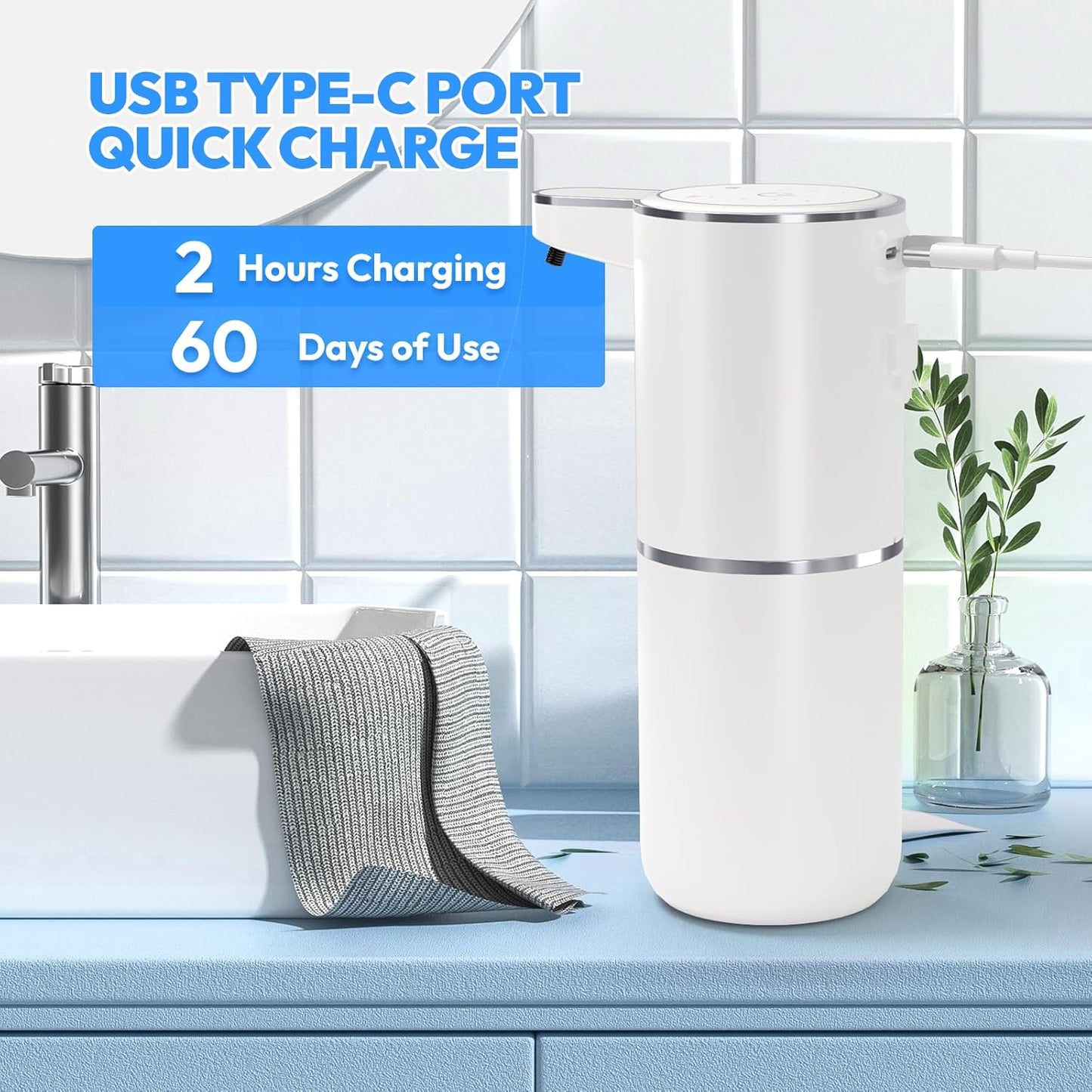 Automatic Foaming Soap Dispenser,Touchless Foam Soap Dispenser,12.8oz Rechargeabled Wall Mounted Smart for Bathroom and Kitchen Dish Soap,Easy for Toddlers(White)