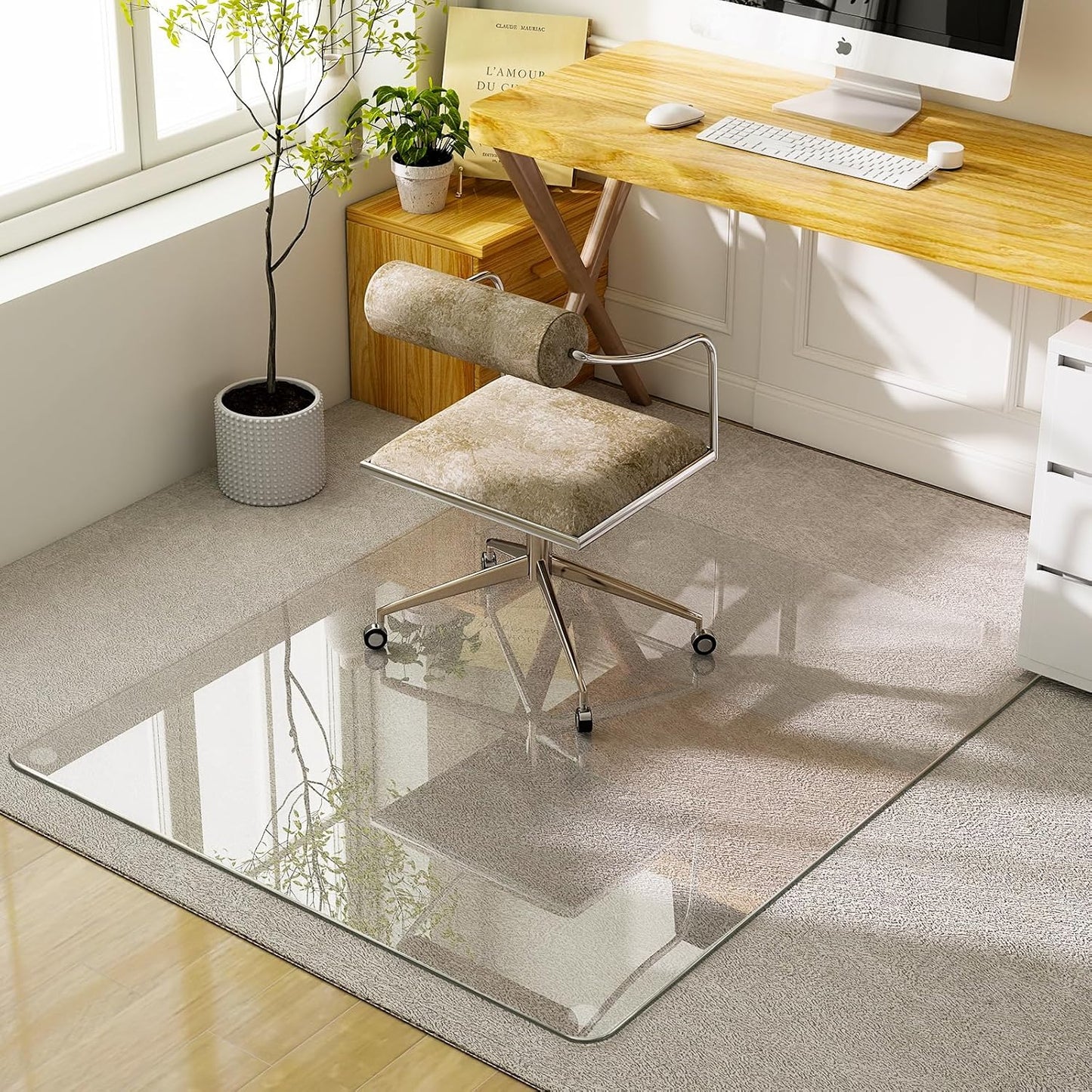 GLSLAND 47"x40" Tempered Glass Chair Mat Heavy-Duty Floor Protector for Carpet & Hard Floors Scratch-Resistant Office Computer Desk Mats Clear