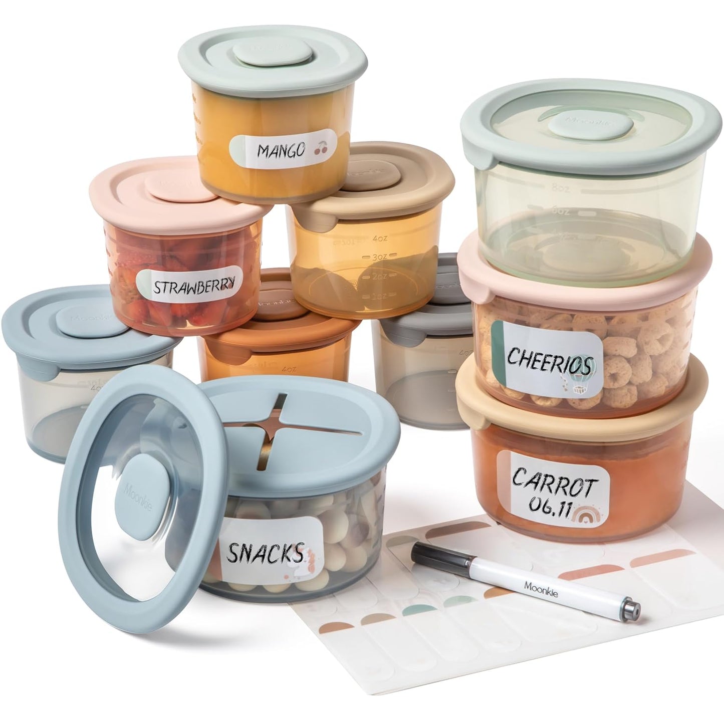 Moonkie Silicone Baby Food Containers | 8oz/4 oz Baby Food Storage Jars with Airtight Lids and A Snack Cup Lid | Freezer,Microwave and Dishwasher Safe, Reusable Baby Food Jars for Infant & Toddler
