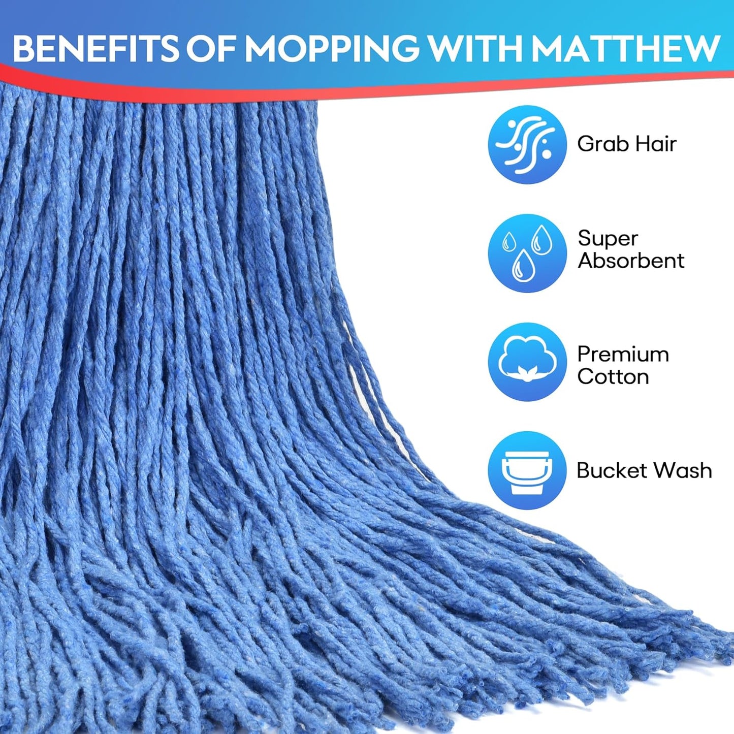 Matthew Cleaning 16oz 3Pack Cotton Floor Mop,Cotton Looped-Open String Heavy Duty String Refills, Universal Headband Blend ,Mop Head Replacement for Home, Industrial and Commercial Use(Blue)