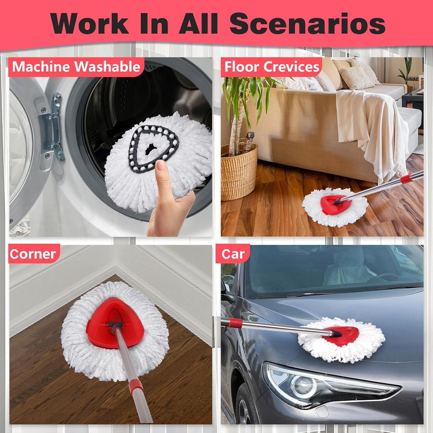 Mop Heads Replacements Complete Combo for O-Ceda,4 Pcs Red Machine Washable Microfiber Spin Mop Refills Replace Heads,2 Scrub Brushs,1 Base,1 Set Handle,Spin Mop Replacements for Tub and Tile Cleaning