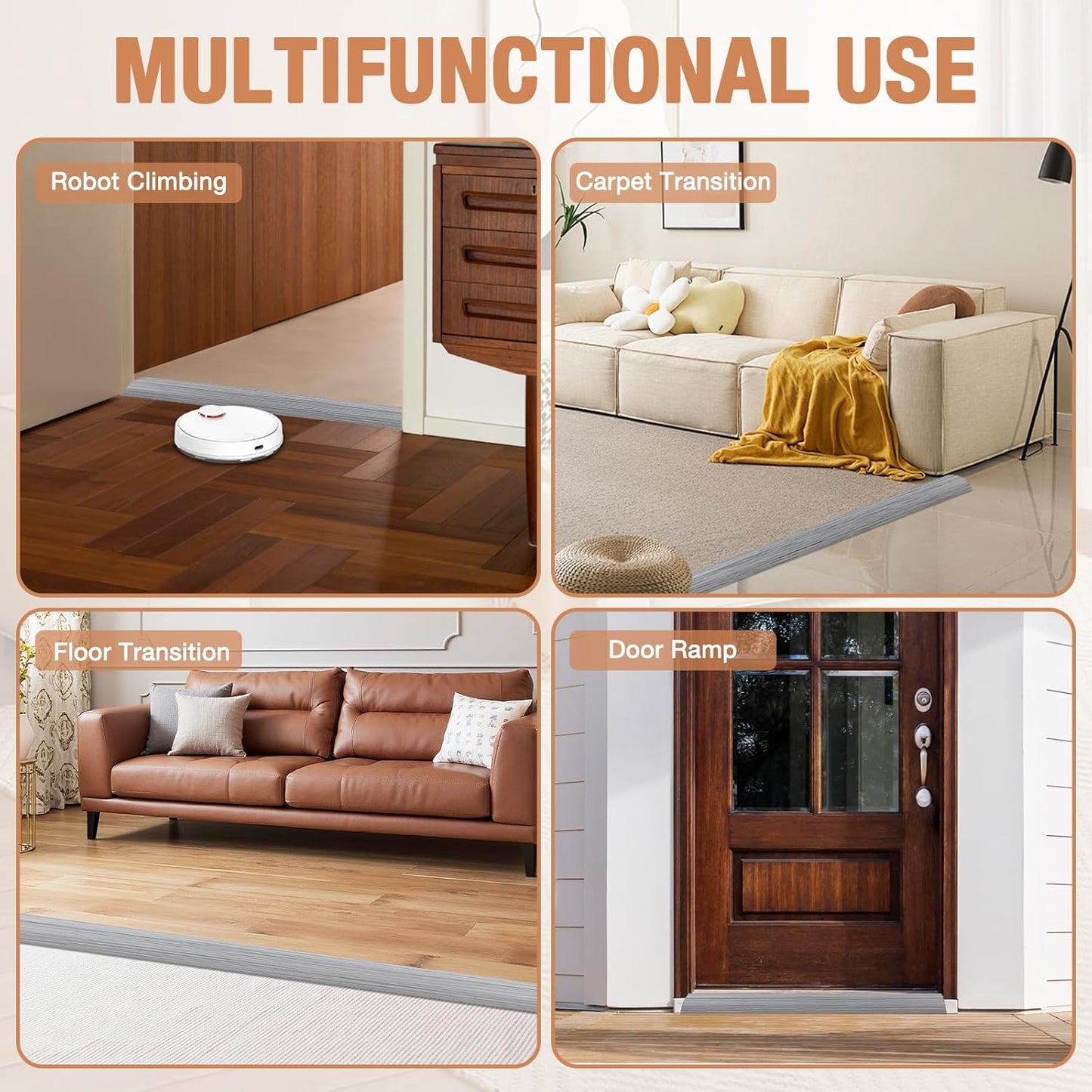 Floor Transition Strip Self Adhesive Vinyl Door Threshold for Doorways Carpet Edging Trim Overlap Edge Reducer for Laminate Floor, Carpet, Tile (Light Gray Wood Grain, 3/5" to 4/5", 10Ft)