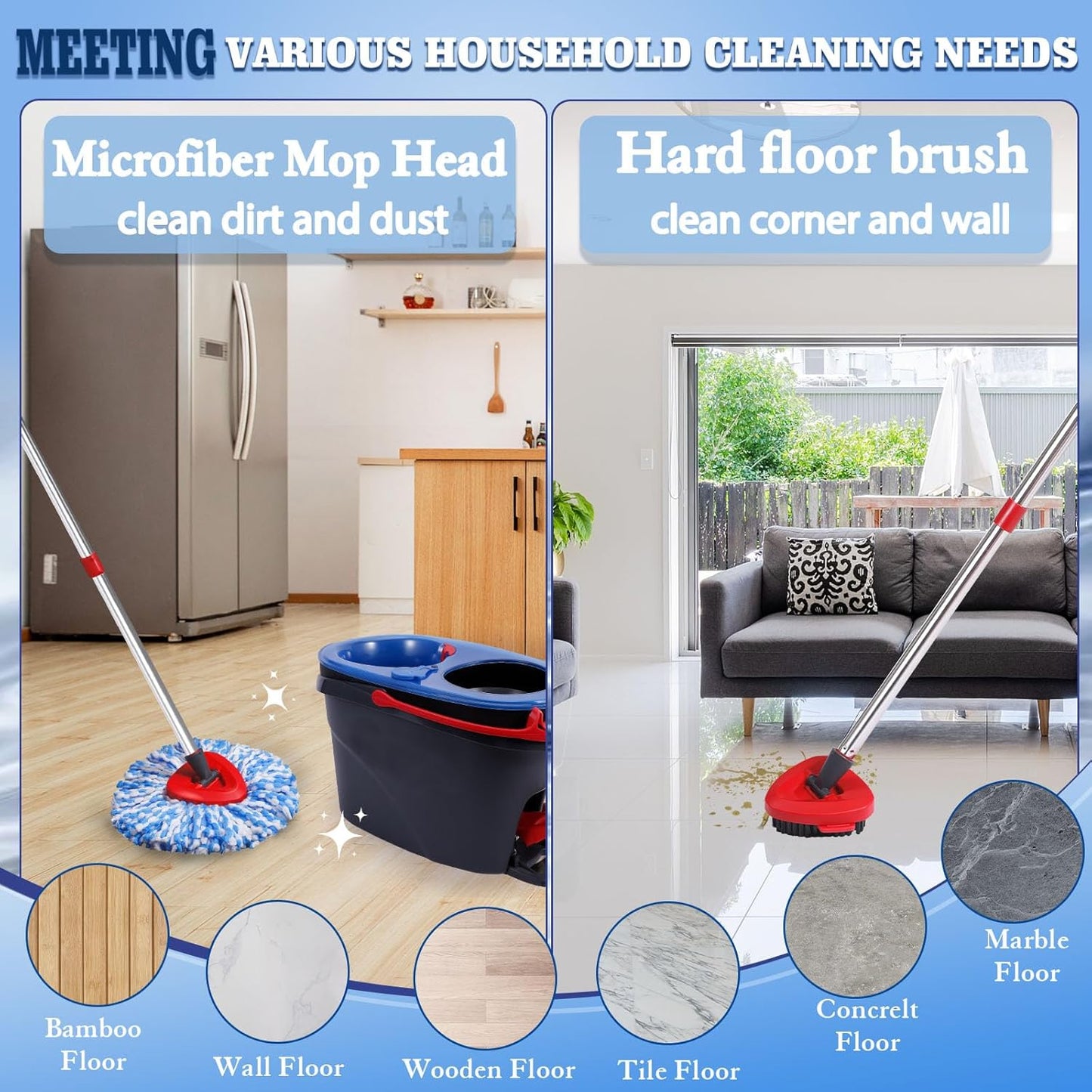 6 Pack Mop Replacement Heads Compatible with Oceda RinseClean 2-Tank System - Includes 2 Mop Scrub Brush Head, Microfiber Mop Refills, Easy Cleaning Mop Head Replacement