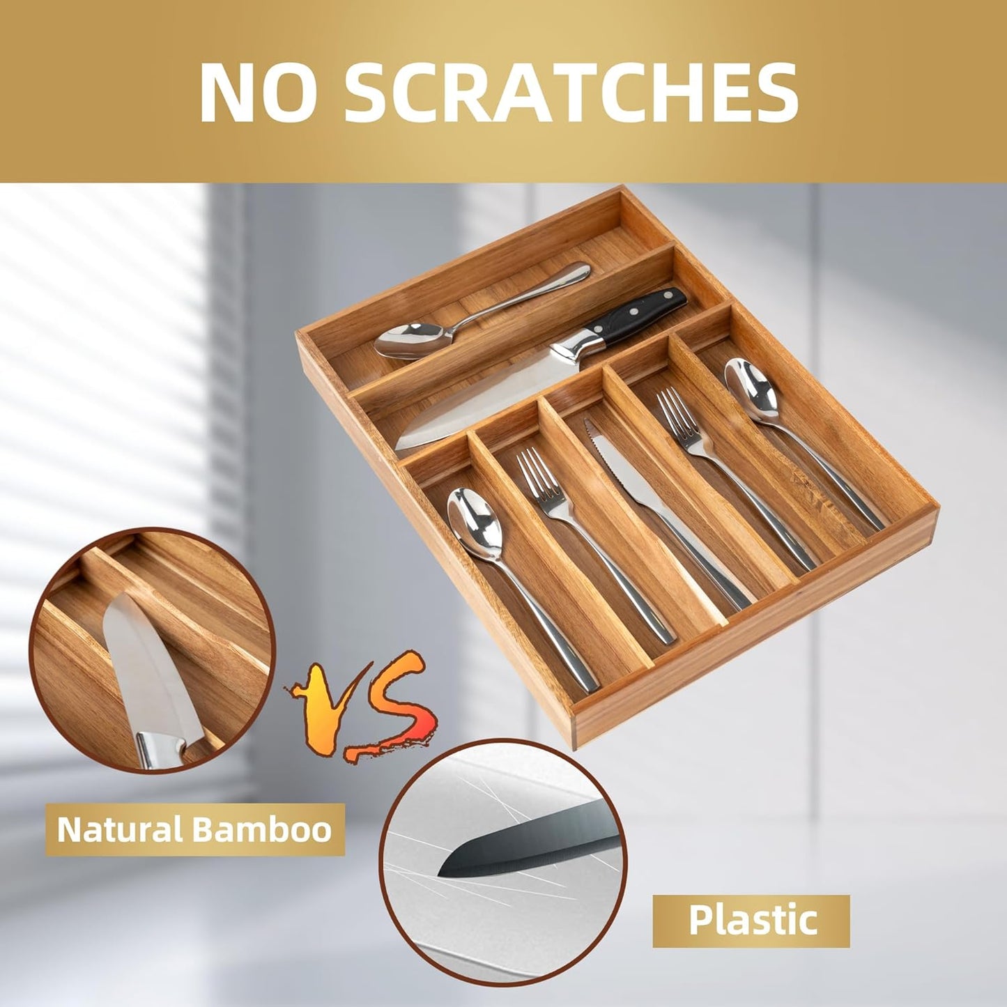 Silverware Organizer Acacia Kitchen Drawer Organizer Utensil Organizer Silverware Holder Cutlery Organizer in drawer Flatware Organizer Tray (Acacia 7 Slots)