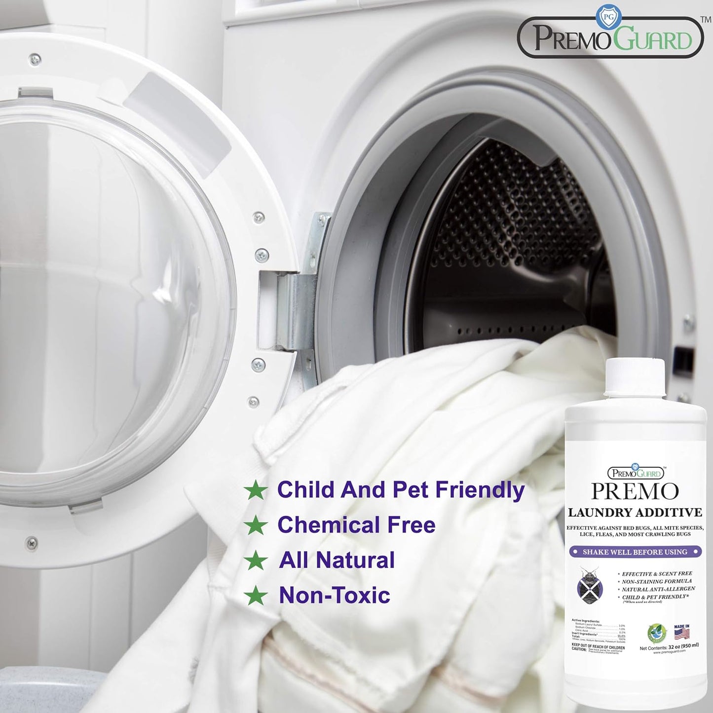 Bed Bug & Mite Laundry Detergent Additive by Premo Guard – 32 oz – Child & Pet Friendly – Stain & Odor Free – Best Natural Non-Toxin Treatment