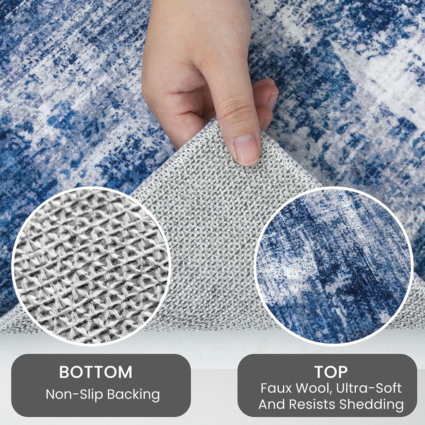 IOHOUZE Abstract Area Rugs 5x7 Ft Washable Rugs for Living Room, Non Slip Dining Room Rug, Printed Faux Wool Rugs for Bedroom, Floor Carpet for Kitchen Nursery Playroom, Navy/Grey