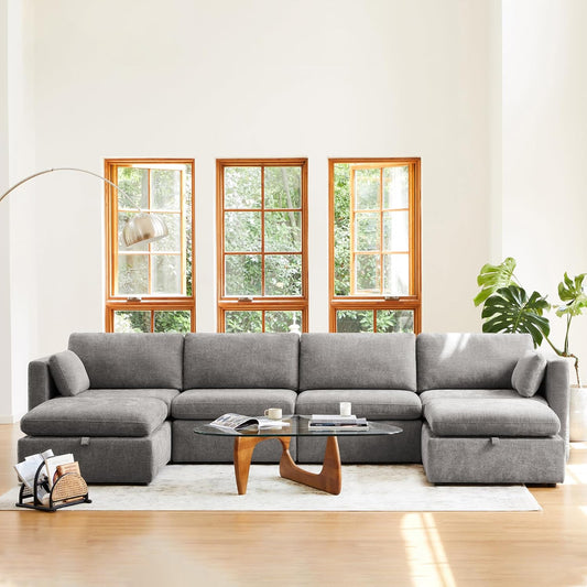 CHITA Oversized Modular Sectional Fabric Sofa Set, Extra Large U Shaped Couch with Reversible Chaise, 146 inch Width, 6 Seat Modular Sofa with Storage Ottamans, Grey